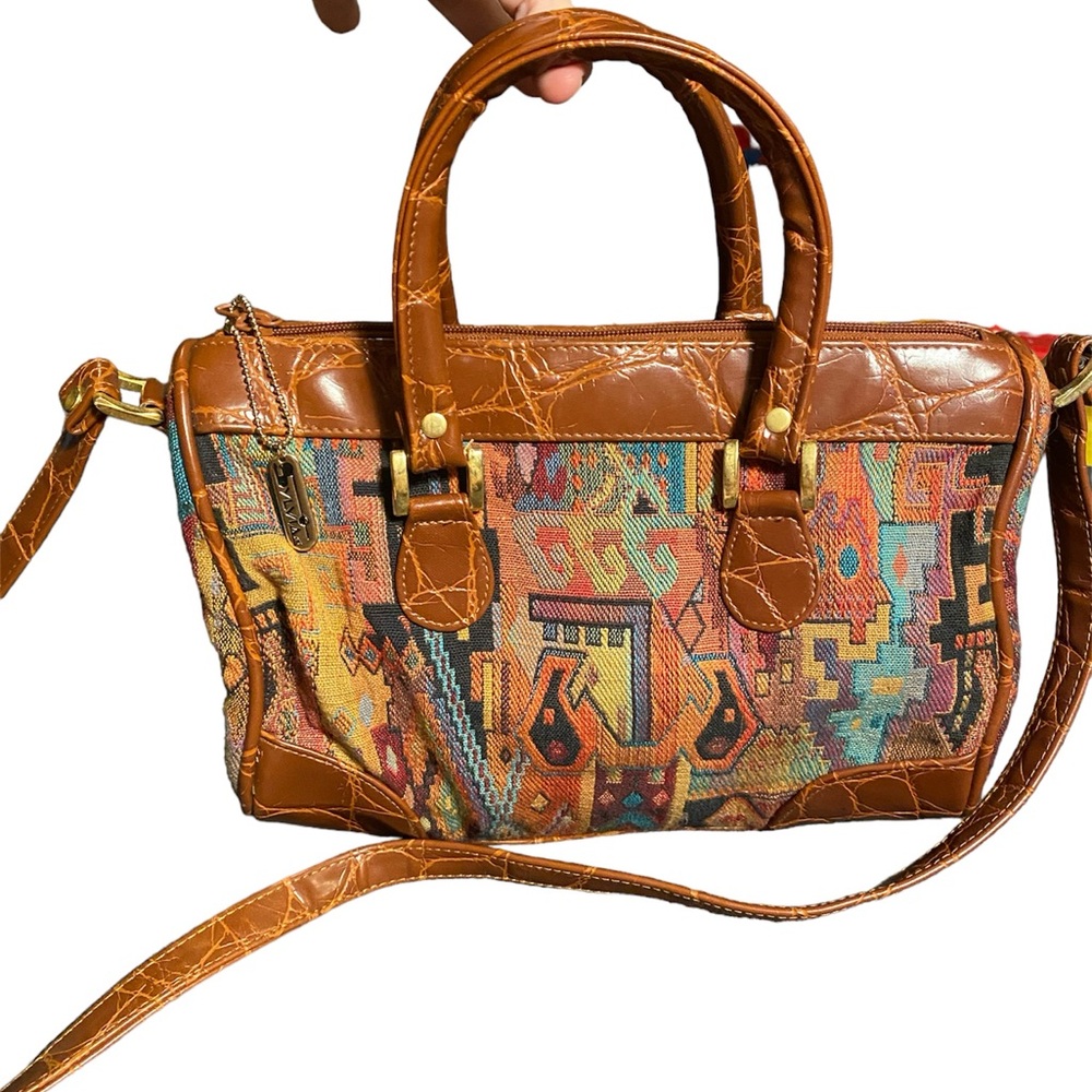 VINTAGE 1990’s SYLVIA Multicolor Abstract Tapastry and Tan Leather Satchel Bag